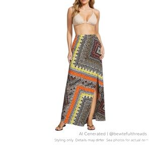 GUESS US 10 Black Orange Geometric Maxi Skirt Resort Festival